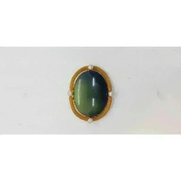 Vintage Brooch 10k Gold Plated Mesh Green Lucite Faux Pearl 1940s - Picture 7 of 10